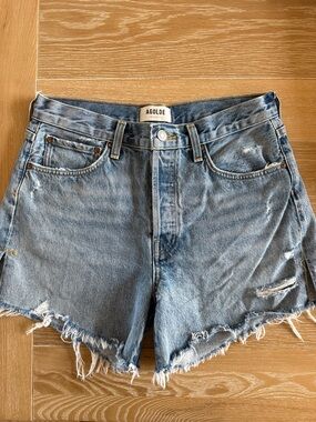 Agolde Parker Long Light Distressed High-Rise Denim Shorts
